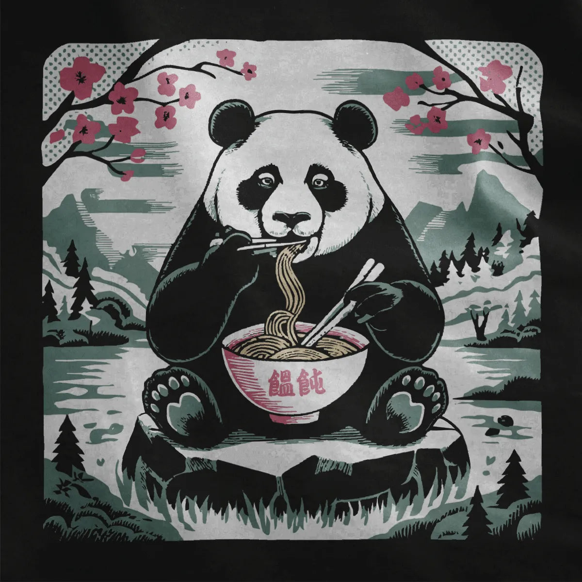 Panda enjoying noodles with cherry blossoms on black fabric, tranquil landscape and kawaii clothes style.