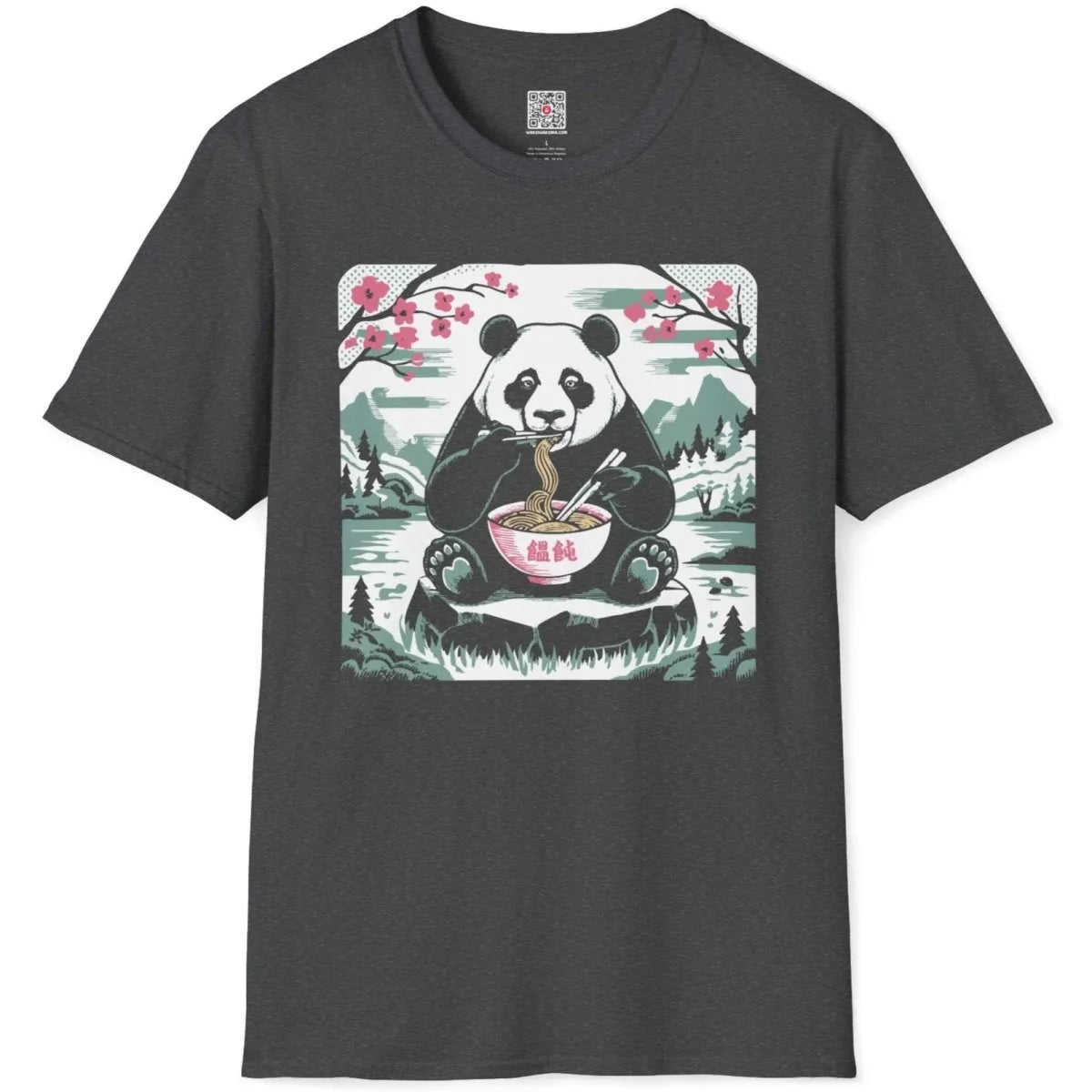 Dark heather t-shirt flatlay with panda eating noodles, soft aesthetics and cherry blossom background.