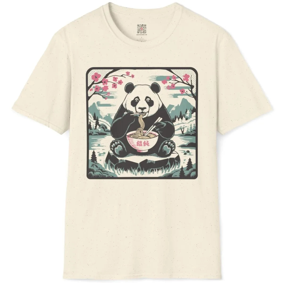 Natural t-shirt flatlay with panda, bowl of noodles, and blooming cherry blossoms, pastel aesthetics.