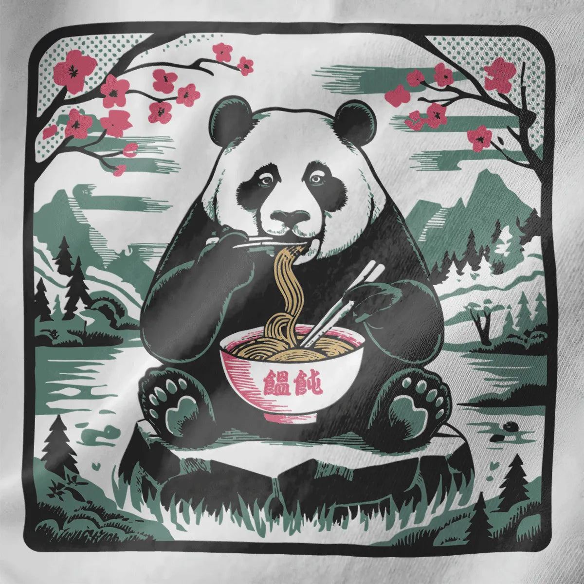 Panda eating noodles with cherry blossoms on white fabric, featuring pastel aesthetics and serene landscape.
