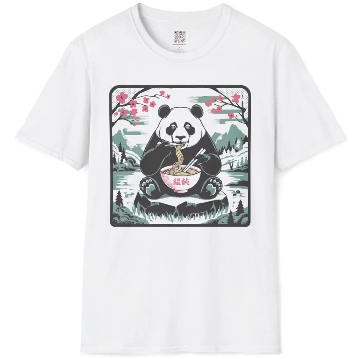 White t-shirt flatlay with panda and cherry blossoms, nature blend and tranquil landscape.