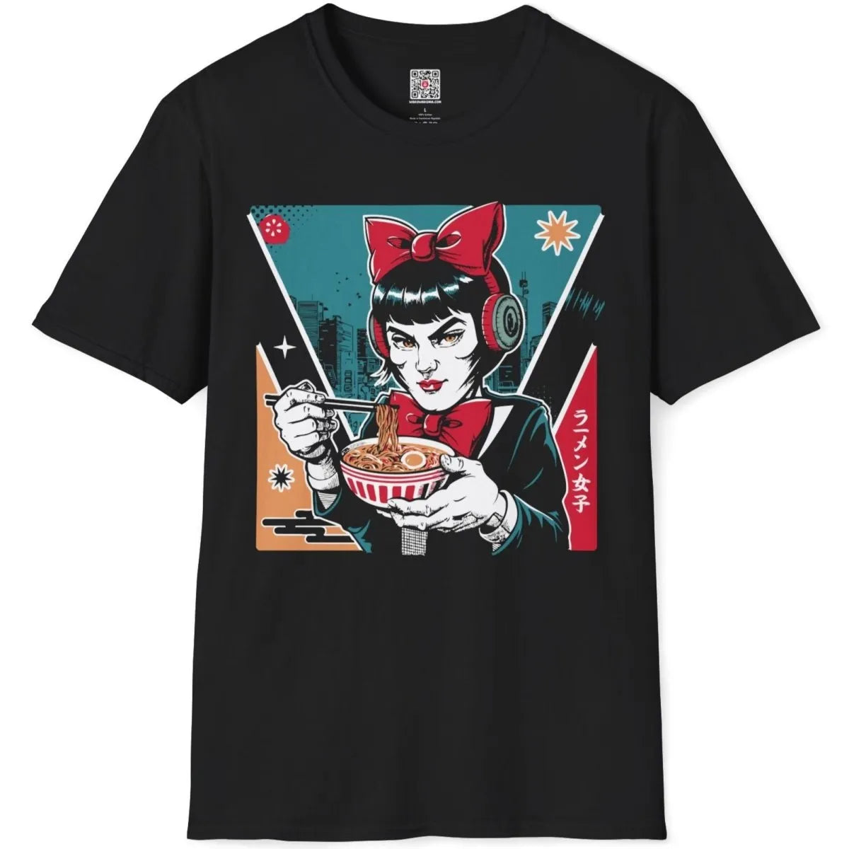 Black t-shirt flatlay with woman eating ramen, pop art shirt and urban ramen theme.