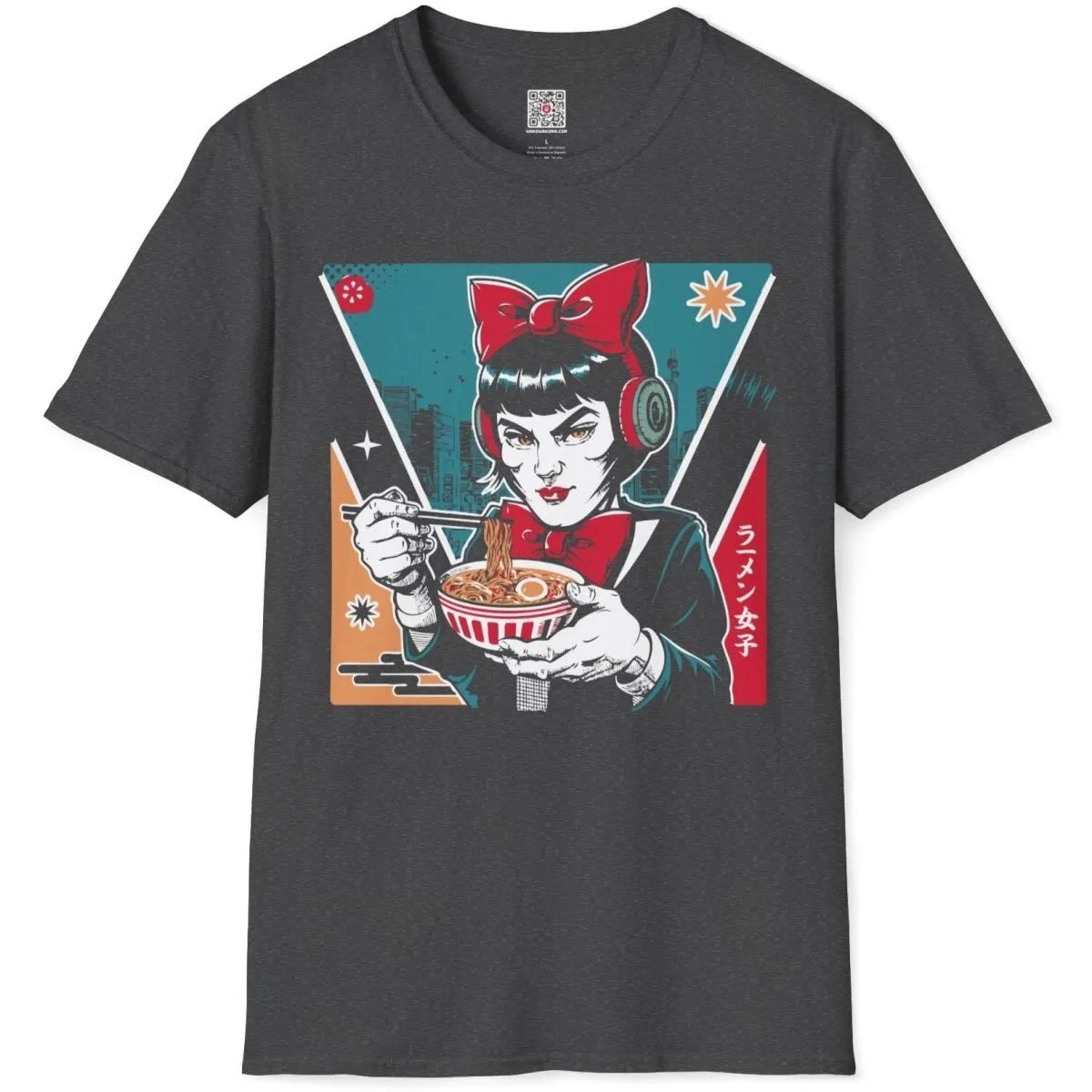 Dark heather t-shirt flatlay with stylish woman eating ramen, streetwear style men and bold colors.