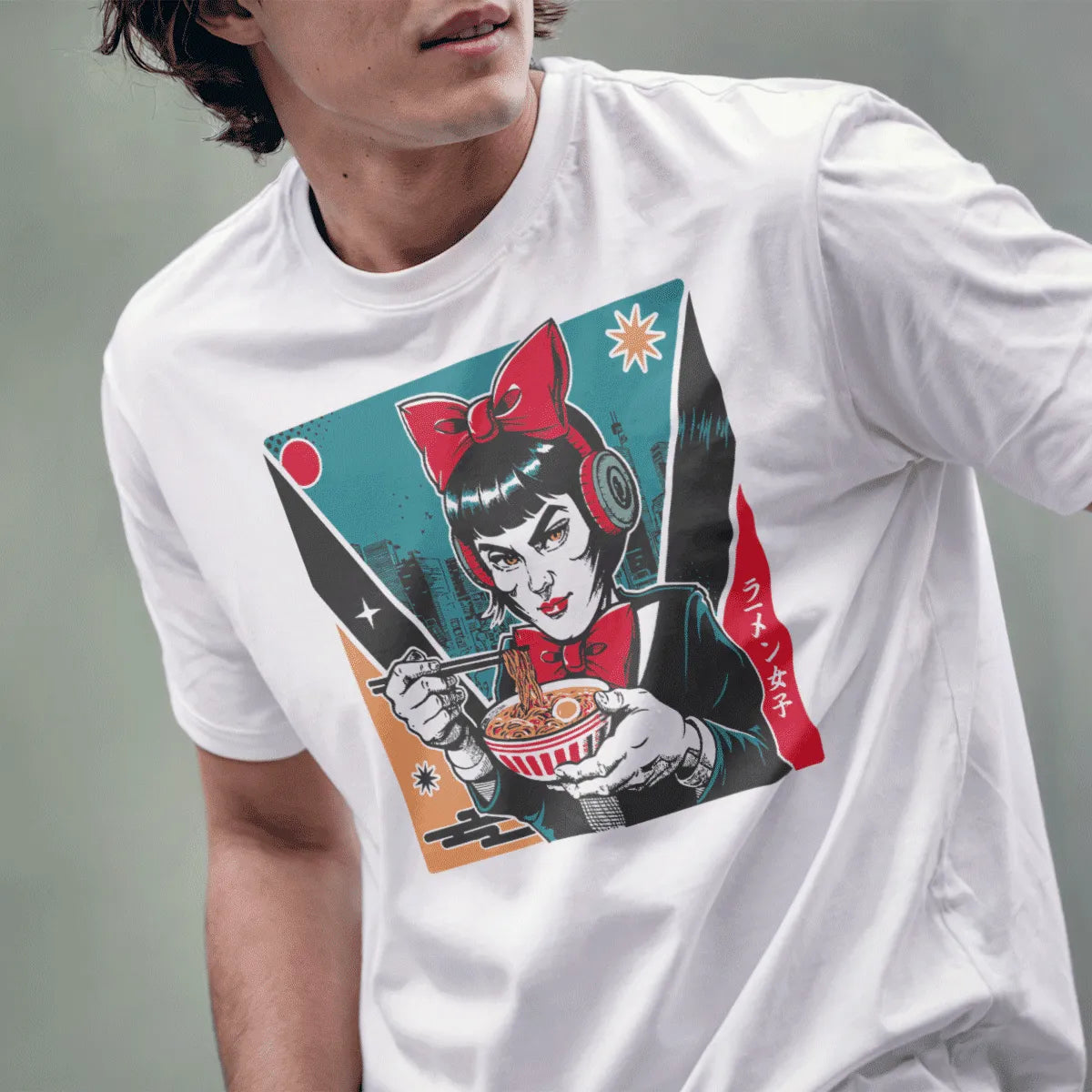 Male model in white t-shirt featuring woman eating ramen, Japanese text shirt and vibrant style.