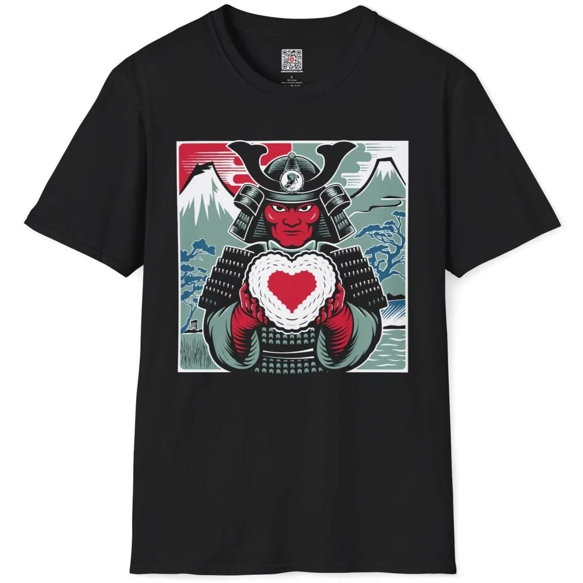 Black t-shirt flatlay with samurai, heart, and mount fuji, samurai fusion and sushi t-shirt.