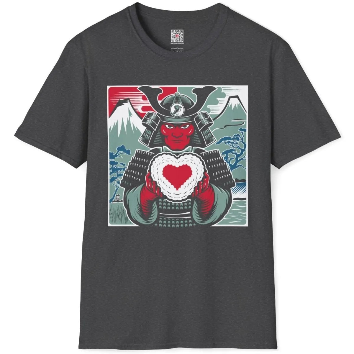 Dark heather t-shirt flatlay with samurai, mount fuji, and heart, traditional japanese art.