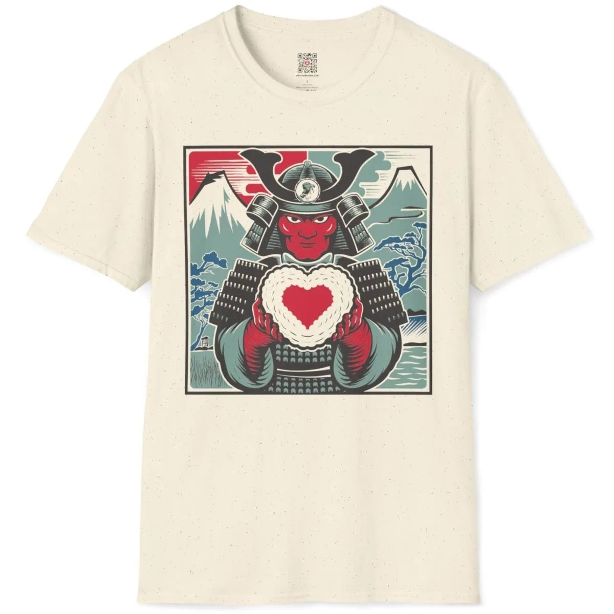 Natural t-shirt flatlay with samurai holding heart, mount fuji art and love symbolism.