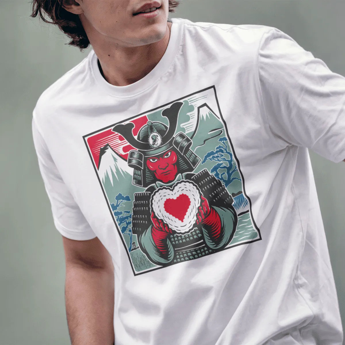 Male model in white t-shirt with samurai holding heart, love symbolism and cultural pride.