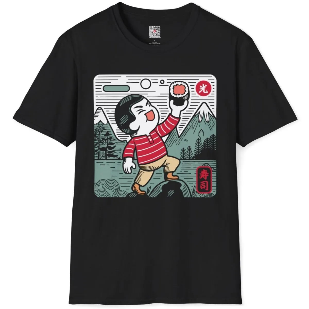 Black flatlay t-shirt with joyful sushi character, sushi t-shirt, cultural celebration.