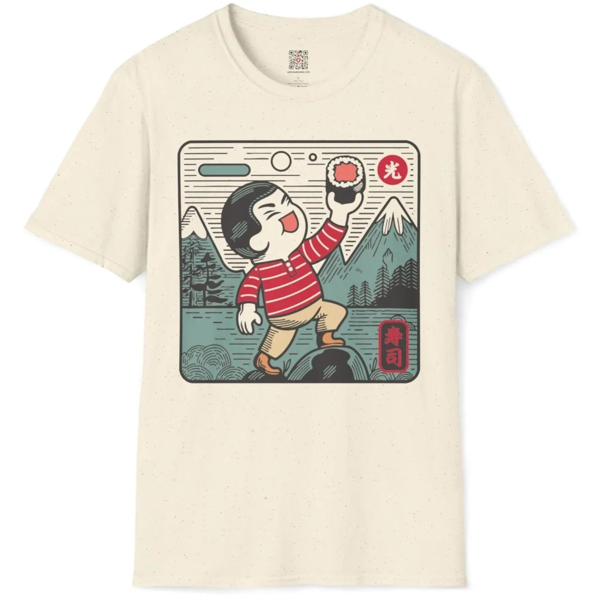 Natural flatlay t-shirt with cheerful sushi scene, sushi t-shirt, Japanese style cartoon.