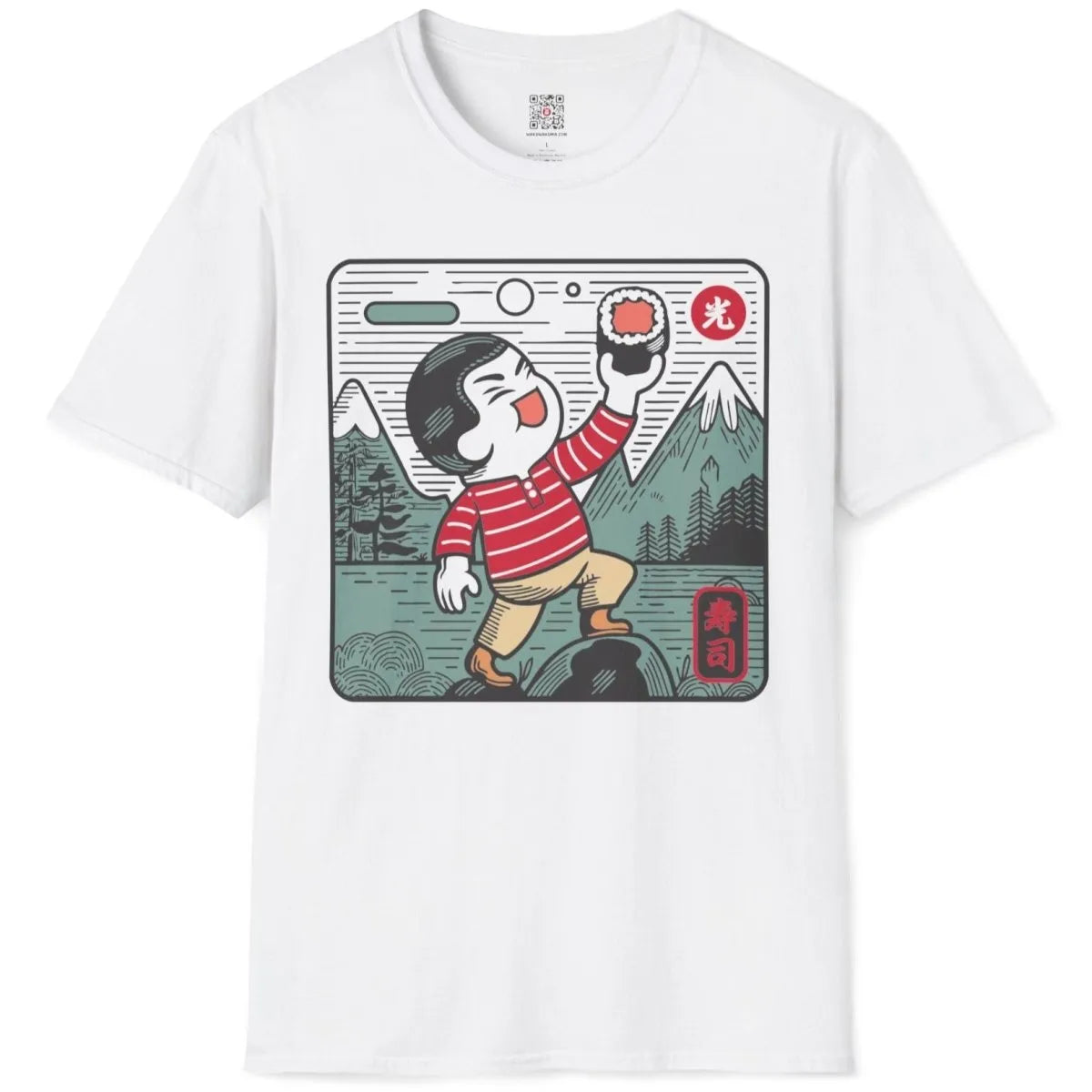 White flatlay t-shirt with playful sushi design, Japanese t-shirts, kawaii sushi.