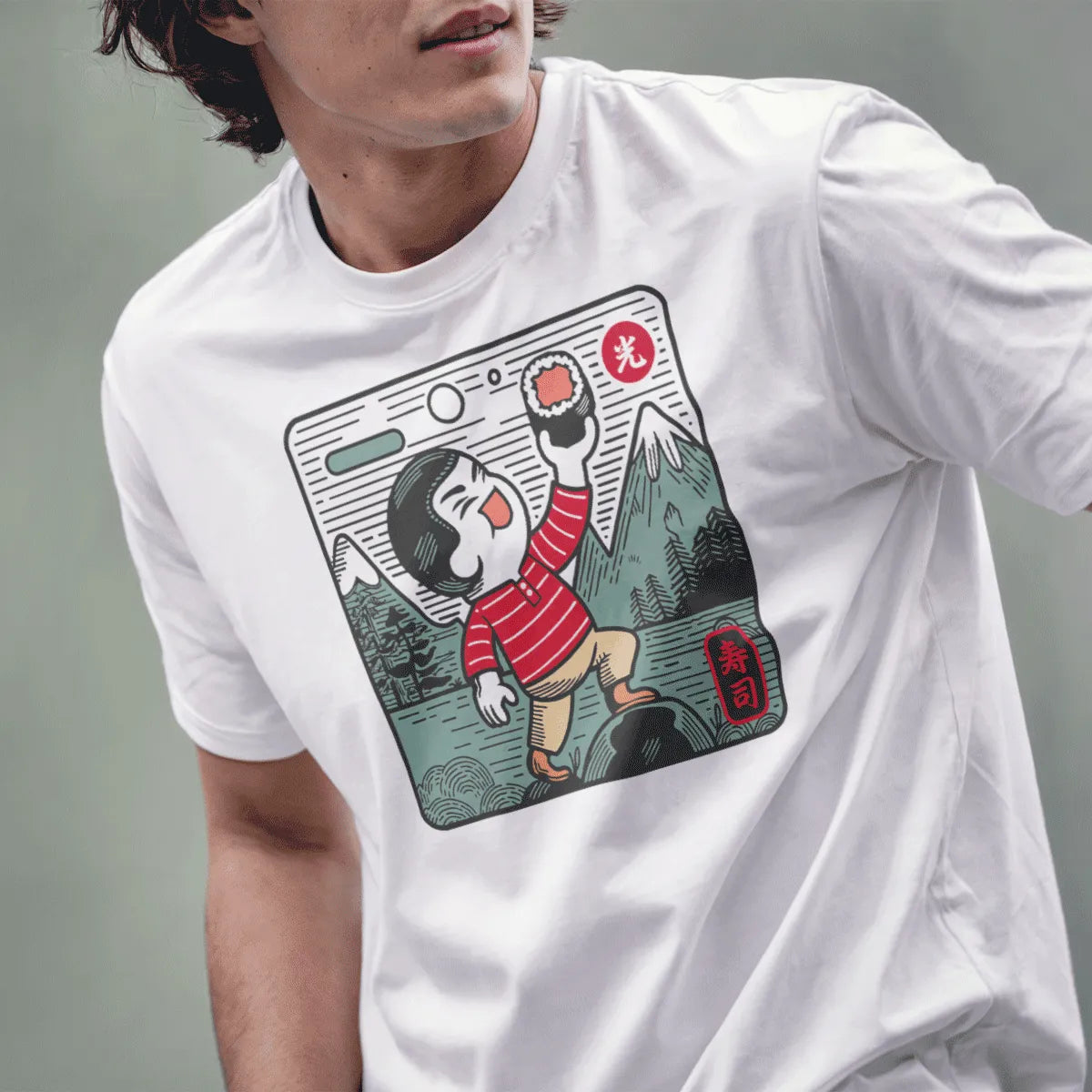 Male model in white t-shirt with smiling sushi character, Japanese t-shirts, sushi culture.