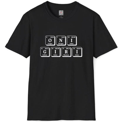 Black t-shirt flatlay displaying clever onigiri periodic table design with scientific element details.