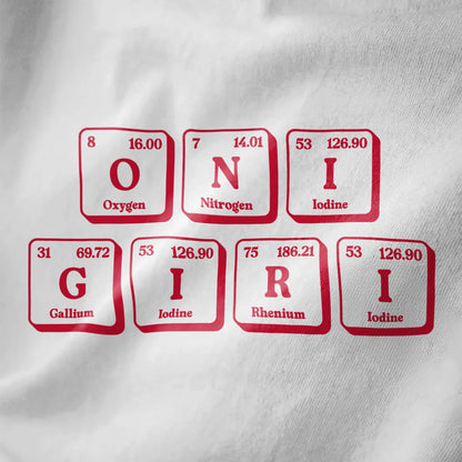 Close-up of white fabric featuring playful periodic table elements spelling "ONIGIRI" with vibrant red borders.