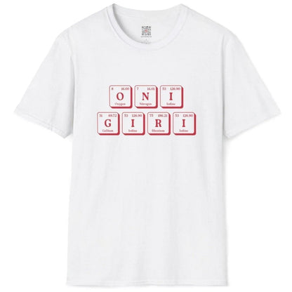 White t-shirt flatlay featuring Japanese-inspired periodic table spelling "ONIGIRI" with bold red element borders.