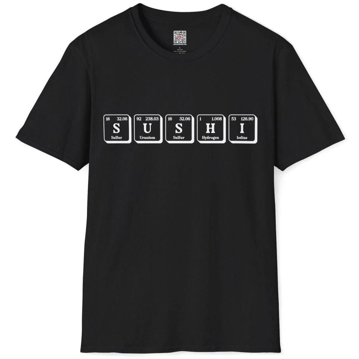 Black t-shirt flatlay showing "SUSHI" in periodic table format with atomic numbers and weights for a unique sushi design.