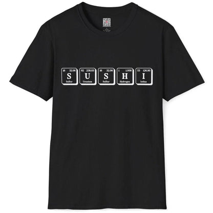 Black t-shirt flatlay showing "SUSHI" in periodic table format with atomic numbers and weights for a unique sushi design.