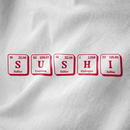 Close-up of white fabric showing "SUSHI" in periodic table style with red elements on a minimalist sushi t-shirt.