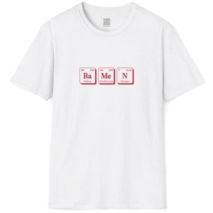 Flatlay of white ramen t-shirt with periodic table elements, simple shirt design and visual rhythm.