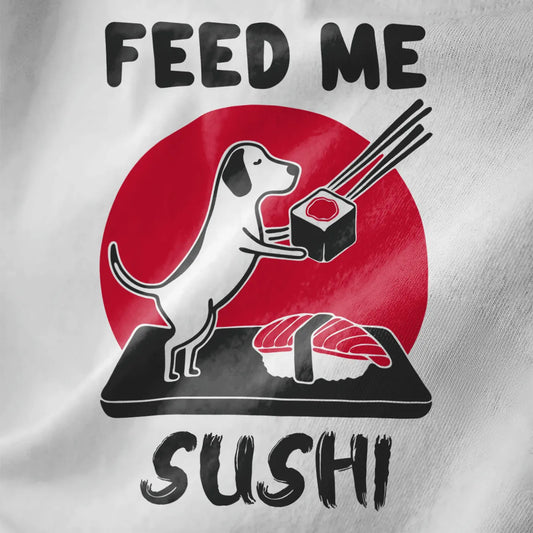 Minimalist sushi dog illustration with bold red circle and “FEED ME SUSHI” on white fabric, sushi t-shirt, dog shirt.