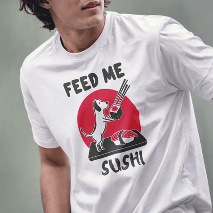 Male model wears white t-shirt with sushi dog, red circle, and “FEED ME SUSHI” text, sushi shirt, funny shirts with sayings.