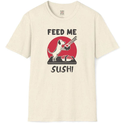 Natural flatlay of sushi dog t-shirt, red circle, “FEED ME SUSHI” text, sushi t-shirt, positive messaging.