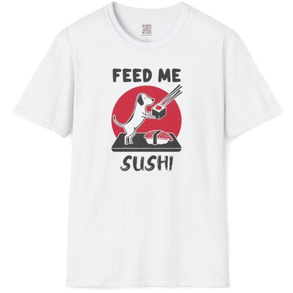 White flatlay of sushi dog t-shirt, red circle background, “FEED ME SUSHI” text, sushi dog, graphic tees stores.