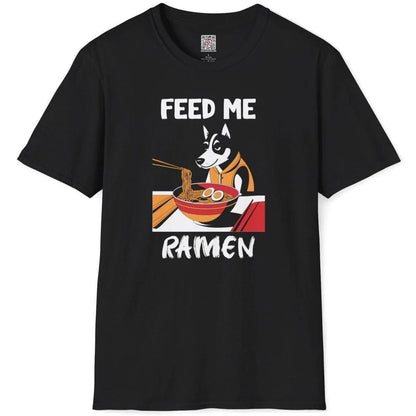 Black flatlay of ramen husky t-shirt, orange hoodie, “FEED ME RAMEN” text, ramen t-shirt, japanese t-shirts.