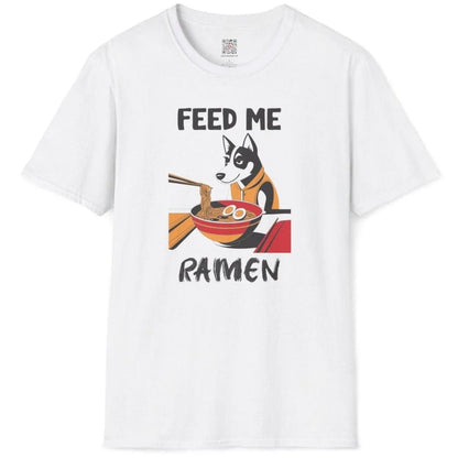 White flatlay of ramen husky t-shirt, orange hoodie, “FEED ME RAMEN” text, ramen shirt, urban ramen.