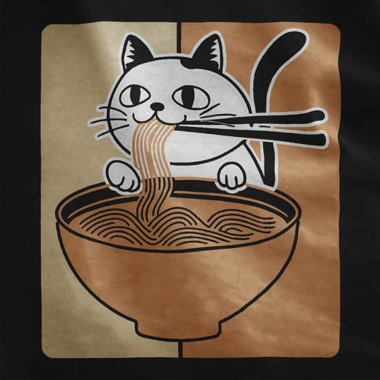 Cat with chopsticks and noodles on black fabric, Japanese t-shirts, cat ramen.
