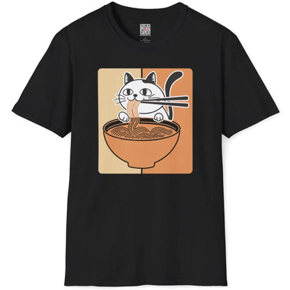 Black flatlay t-shirt with cat enjoying noodles, ramen t-shirt, foodie style.