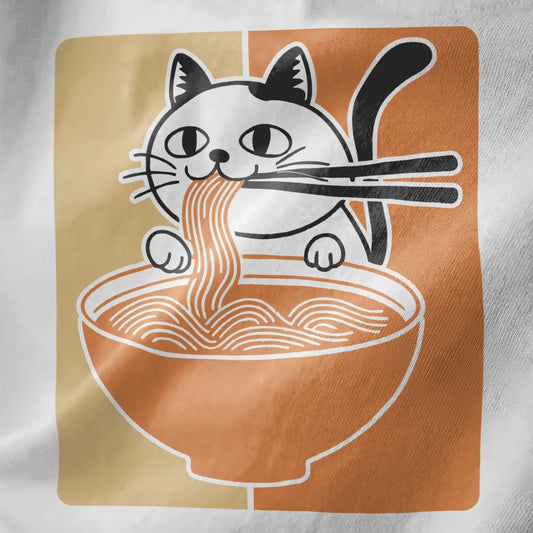 Cute black and white cat eating noodles on white fabric, ramen t-shirt, funny cat shirt.