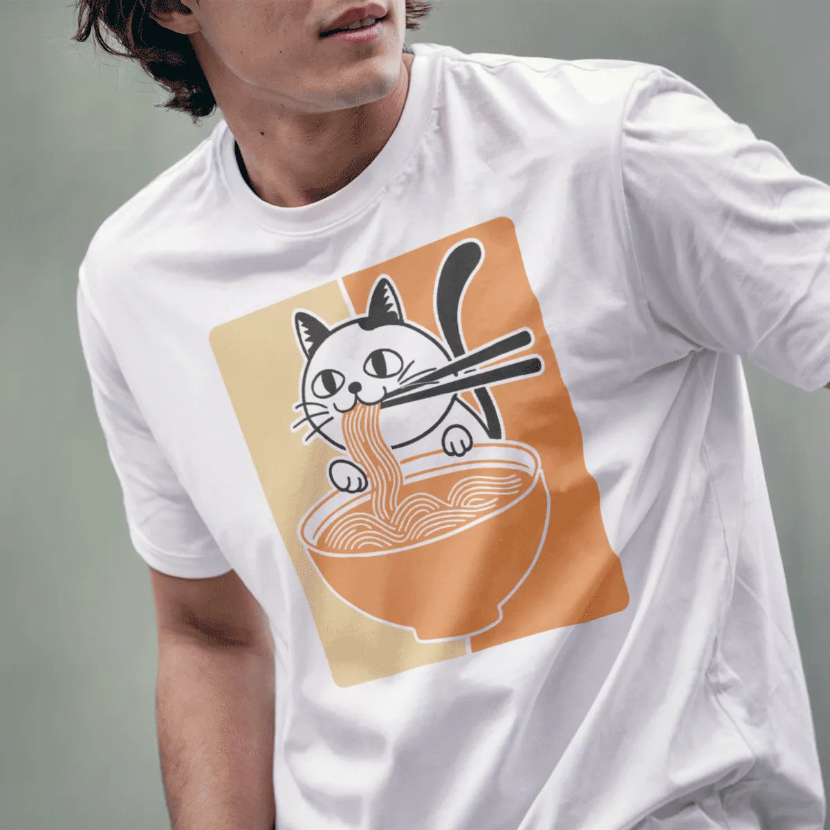 Male model in white t-shirt with cat eating ramen, funny cat shirts, kawaii clothes.