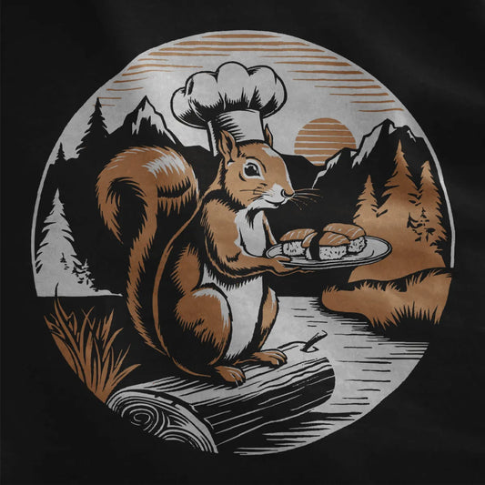 Squirrel chef with sushi on black fabric, vintage aesthetic and sushi shirt, close-up of warm palette design.