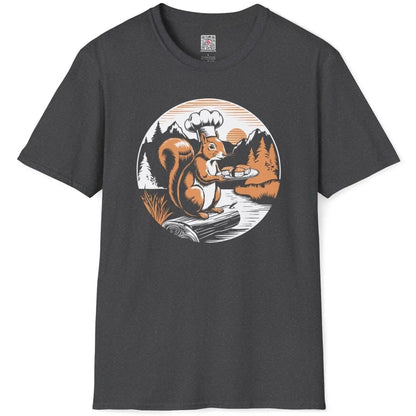 Chef squirrel sushi design on dark heather t-shirt flatlay, vintage aesthetic and nature blend.