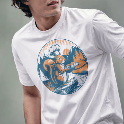 Male model in white t-shirt with chef squirrel sushi art, japanese t-shirts and nature blend, lower face visible.