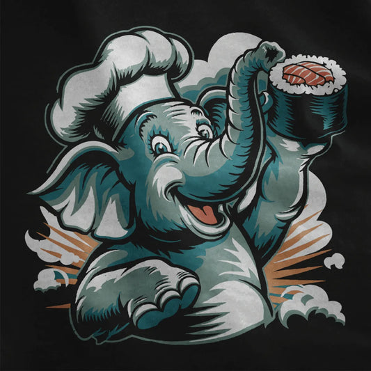 Chef elephant with sushi on black fabric, kawaii sushi and sushi t-shirt, vibrant style close-up.