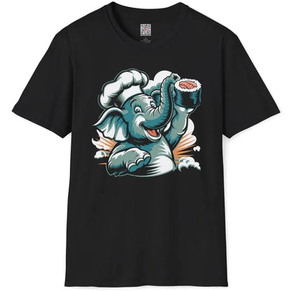 Chef elephant sushi design on black t-shirt flatlay, sushi culture and playful charm, graphic t shirts for ladies.