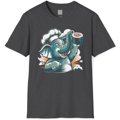 Chef elephant sushi design on dark heather t-shirt flatlay, playful charm and sushi t-shirt, fusion cuisine.
