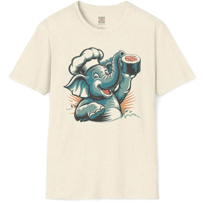 Chef elephant sushi art on natural t-shirt flatlay, sushi shirt and kawaii sushi, joyful discovery.