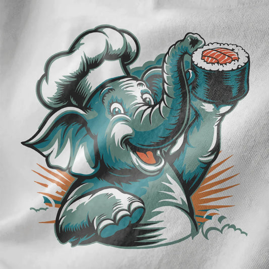 Cheerful chef elephant holding sushi on white fabric, sushi shirt and playful charm, close-up.