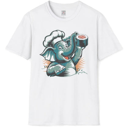 Chef elephant sushi illustration on white t-shirt flatlay, whimsical animal and sushi shirt, vibrant style.