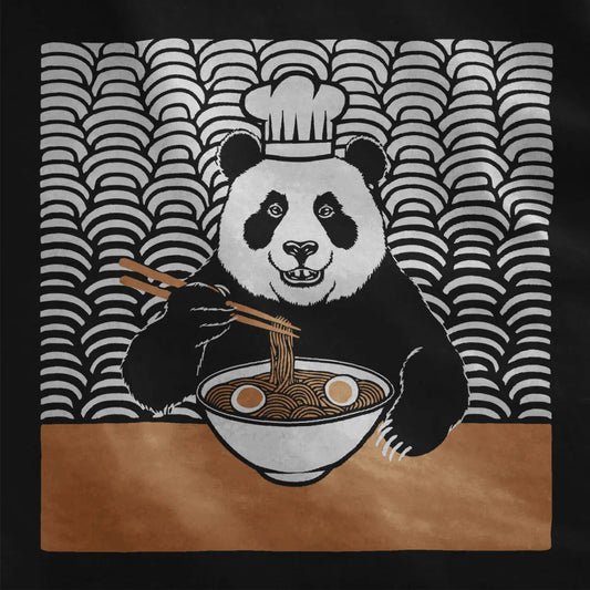 Chef panda savoring ramen on black fabric, junk food shirt and ramen art, close-up of noodles.