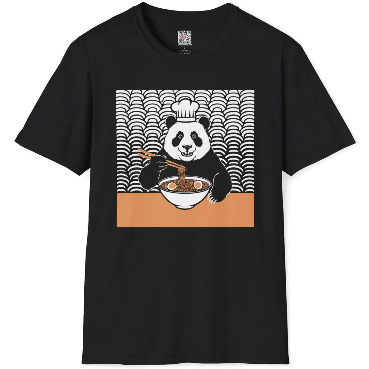 Chef panda ramen design on black t-shirt flatlay, ramen t-shirt and cartoonish style, foodie style.