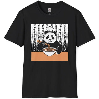Chef panda ramen design on black t-shirt flatlay, ramen t-shirt and cartoonish style, foodie style.