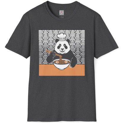 Chef panda ramen design on dark heather t-shirt flatlay, ramen t-shirt and soft aesthetics, fusion cuisine.