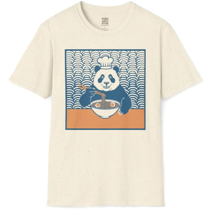 Chef panda ramen art on natural t-shirt flatlay, ramen t-shirt and kawaii clothes, foodie style.