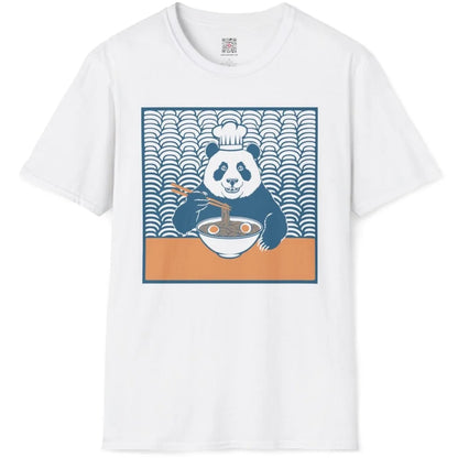 Chef panda ramen illustration on white t-shirt flatlay, panda chef and ramen t shirt, vibrant style.