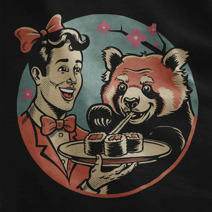 Cheerful woman and panda sharing sushi on black shirt, vintage style, sushi t-shirt, kawaii sushi.