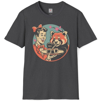 Flatlay of dark heather shirt with cheerful panda and woman eating sushi, japanese t-shirts, sakura cherry blossom art.